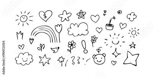 A delightful collection of hand-drawn doodles featuring hearts, stars, and various objects Vector