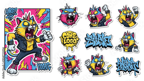 Cartoon cat characters in punk rock style vector illustrations set