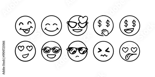 Diverse set of expressive emojis showcasing various emotions and symbols Vector