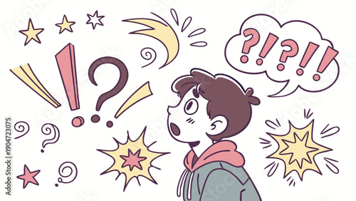 Illustration of a confused young person surrounded by question marks and exclamation points
