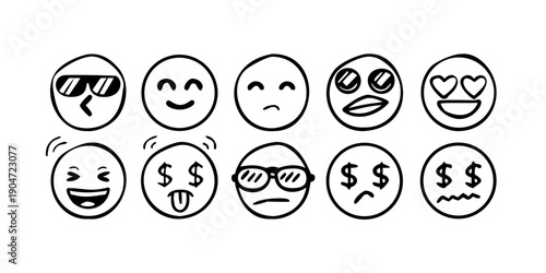 A diverse collection of expressive faces depicting various emotions and states Vector