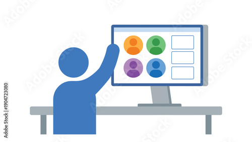 Blue Person Interacting with Colorful Icons on Computer Screen