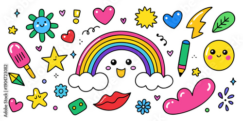 A vibrant and colorful array of cartoonish emojis and symbols Vector
