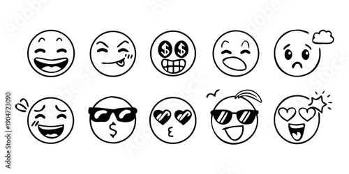A diverse collection of expressive emojis showcasing various emotions and facial expressions Vector