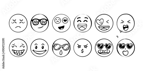 A diverse collection of expressive cartoon faces showcasing various emotions and reactions. Vector