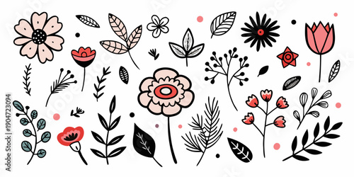 A delightful assortment of various flowers and plants in a charming illustration Vector