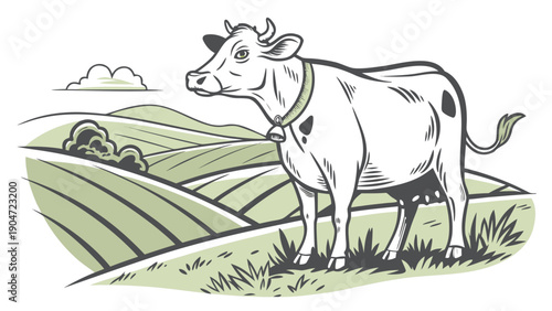 A vintage style illustration of a cow standing in a green field with rolling hills in the background.