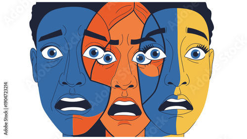 Overlapping Faces Screaming: Abstract Illustration of Intense Anxiety, Panic Attack, Mental Health Distress, and Cognitive Overload.