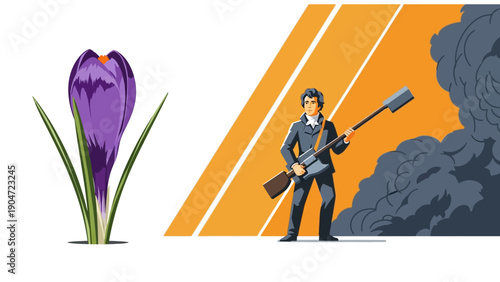 Environmental Conflict: Crocus Flower vs. Man with Shovel Gun Against Dark Industrial Smoke Cloud Vector Illustration