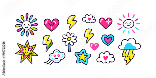 A delightful assortment of colorful and whimsical stickers featuring hearts, stars, and clouds Vector