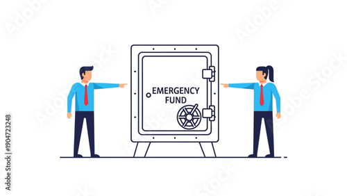 Emergency Fund Savings Concept. Financial Security Planning. Business Team Pointing at a Safe Vault Illustration.
