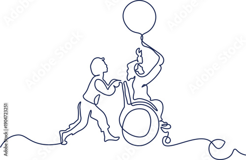 Happy disabled girl with balloons and healthy boy run outdoor