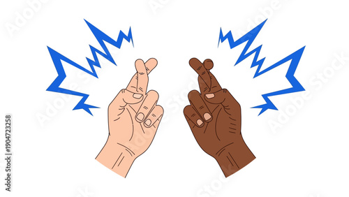 Fingers Crossed Gesture: Diverse Hands Wishing for Luck or Hope. Superstition, Unity, and Good Fortune Symbol with Energy Burst Illustration.