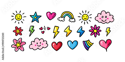 A delightful assortment of colorful stickers featuring various shapes and designs Vector