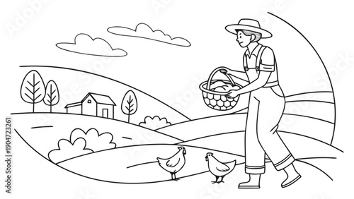 A female farmer in overalls carrying a basket of fresh eggs while walking past chickens