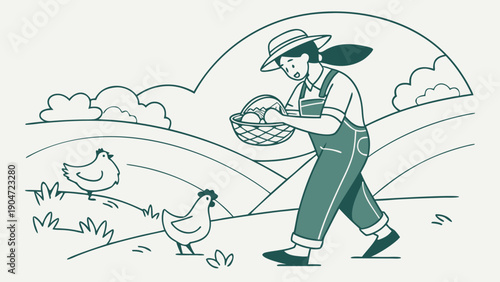 A female farmer in overalls and a straw hat carries a basket while walking past chickens.