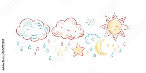 A whimsical illustration of clouds, rain, and stars in a dreamy sky Vector
