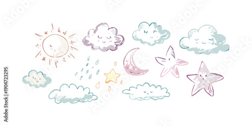 A delightful assortment of whimsical clouds, stars, and celestial bodies Vector