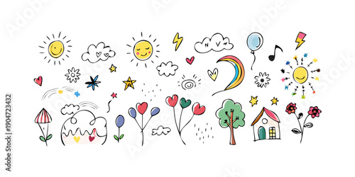 A vibrant and diverse collection of whimsical and colorful cartoon animals and objects Vector