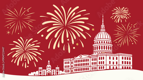 Golden fireworks explode in a dark red sky above a white silhouette of the United States Capitol building and a city skyline below.