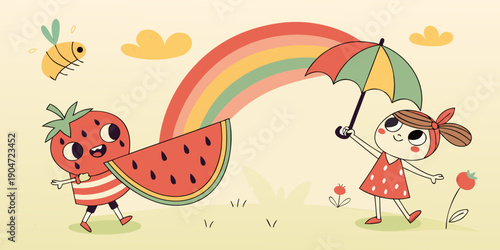 A whimsical illustration of a cat playing with a rainbow and clouds in a dreamy landscape Vector