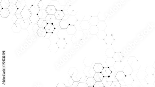 Minimalist Hexagonal Network Design , Diagonal Flow of Interconnected Honeycomb Shapes with Black and Gray Outlines, Dots at Vertices, and Geometric Symmetry Representing Molecular Structure