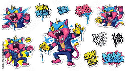 Cartoon cat illustration with graffiti elements and energetic expressions