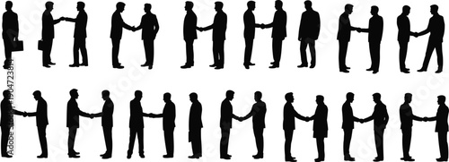 Business handshake silhouettes set featuring professional men agreement gestures, corporate partnership and negotiation concept, black vector figures isolated on white background