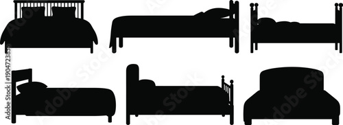 Bed silhouettes set featuring multiple bedroom furniture styles, sleeping concepts, black vector beds isolated on clean white background