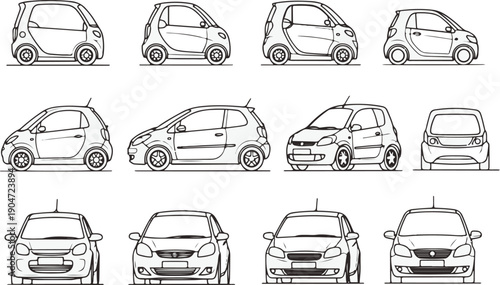Line art illustration showcases various models of compact vehicles, presented in a clean and uniform style. Perfect for automotive design concepts or editorial projects.