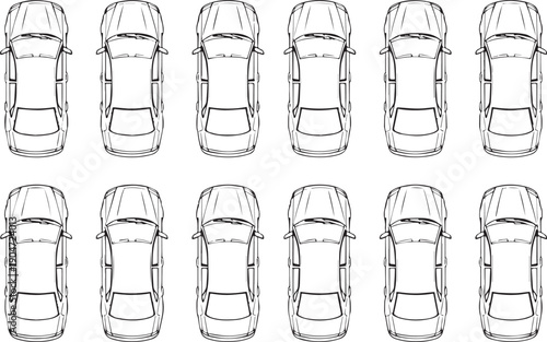An organized array of twelve identical cars, seen from above, creates a seamless pattern, symbolizing transportation.