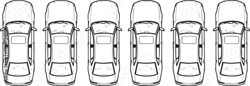 Top-down illustration of six identical car outlines parked in a row, offering a clean, uniform aesthetic. 