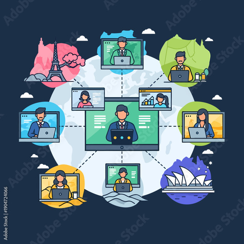 Global Virtual Meetings and Remote Collaboration Professionals connect across continents for online work, symbolizing a modern distributed workforce using digital communication
