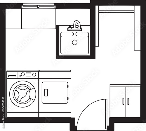 A clean, minimalist laundry room with essential fixtures, presented in a precise, detailed, and visually appealing blueprint format.