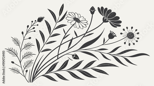 Hand drawn botanical illustration of a wildflower bouquet with delicate leaves and blossoms