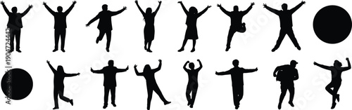Celebrating people silhouettes collection showing happy jumping and cheering poses, success and joy concept, black vector figures isolated on white background