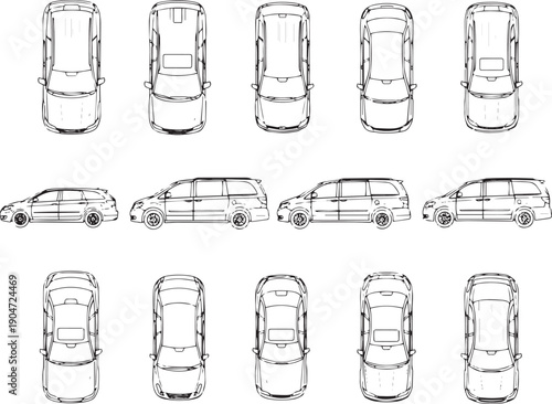 Vehicle perspective views, a detailed outline of a vehicle, showcase comprehensive views, a visual guide, perfect for illustrating design, technical specs, or transportation concepts. 