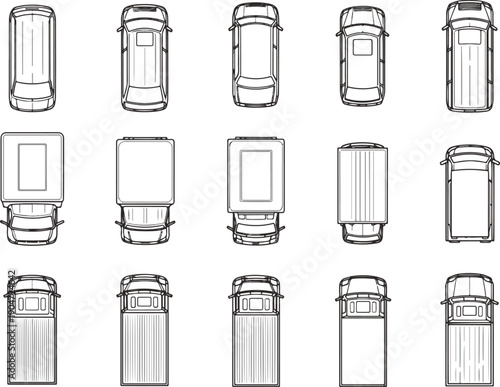 Top-Down transport views. A collection of meticulously drawn vehicle outlines, offering a unique perspective of various transport modes from an aerial vantage point.
