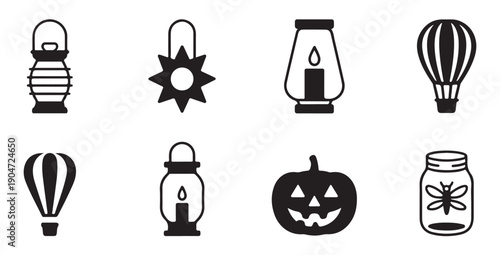 Collection of Halloween icons with lanterns pumpkins hot air balloons and jar with insect