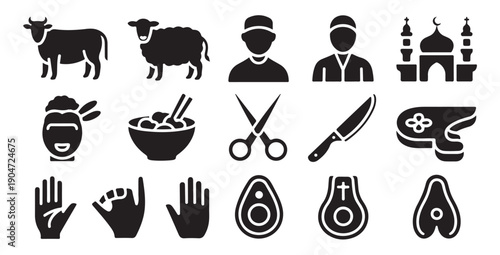 Islamic symbols for Eid al Adha holiday like mosque people food hands sacrifice and game controller