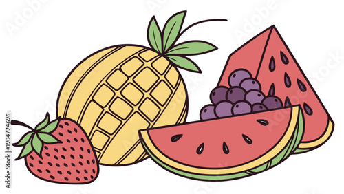 Colorful hand drawn illustration of mixed fruits with pineapple, watermelon slices, and strawberry.