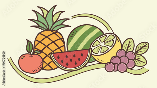 Colorful illustration of various fresh fruits including pineapple watermelon grapes and lemon