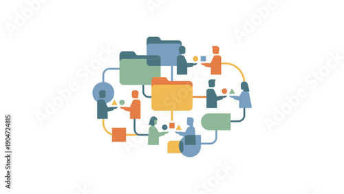 Colorful Business Process Flowchart with People and Icons on White Background