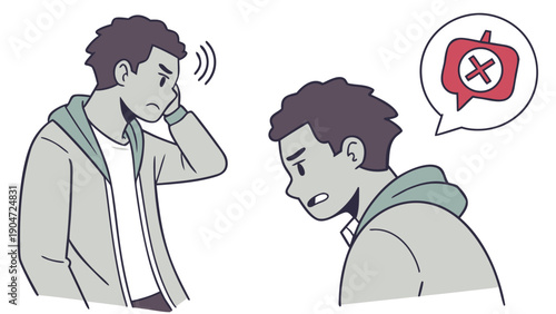 Illustration of a young man experiencing ear pain and a person feeling rejected or misunderstood