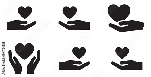 Set of six heart related charity and care icons in black with different hand gestures