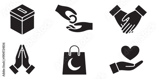 Set of six black vector icons depicting charity related objects and gestures including crescent moon