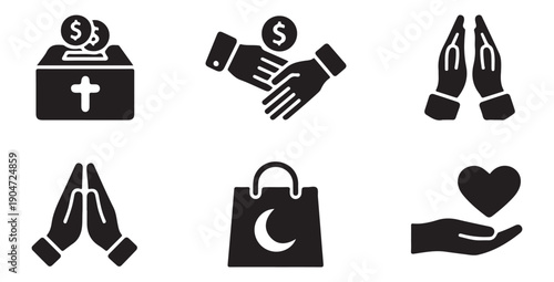 Charity donation box and giving hands for financial support and religious prayer