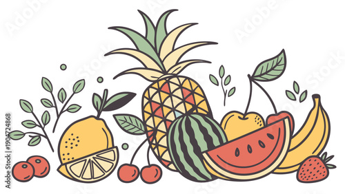 Hand drawn sketch of various fruits including pineapple watermelon banana lemon and berries