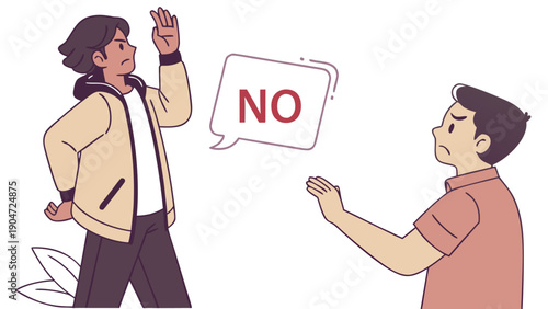 Vector illustration of two people in a disagreement where one person says no with a speech bubble.