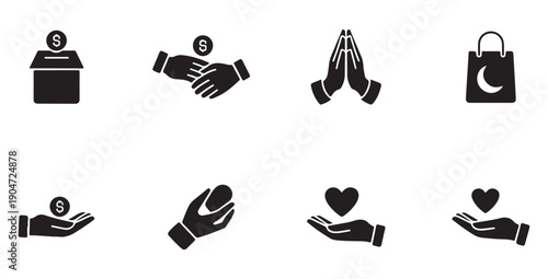 Charity donation box and giving hands for financial support and religious prayer